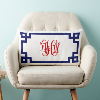 Coussin Rectangle Blanc Navy Rouge Clé Grecque Vigne Monogramme DIY
