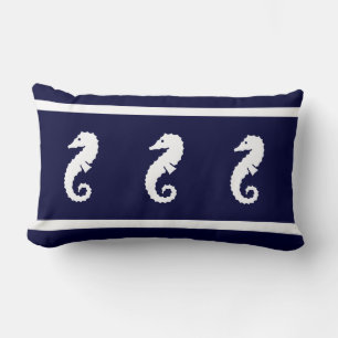 Coussin Rectangle blanc sur marine CHEVAL MARIN décoration côtière