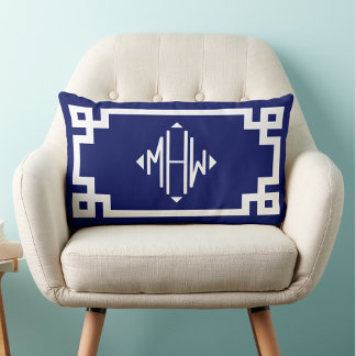 Coussin Rectangle Bleu Blanc Clé Grecque #2 Monogramme Diamant DIY B