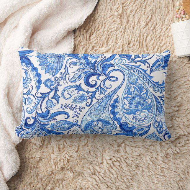 Coussin Rectangle Bleu Bleu Blanc Floral Paisley Art Motif (Couverture)