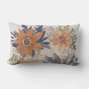 Coussin Rectangle Bleu Dusté et Orange Aquarelle floral