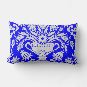 Coussin Rectangle Bleu et blanc Damas motif floral élégant