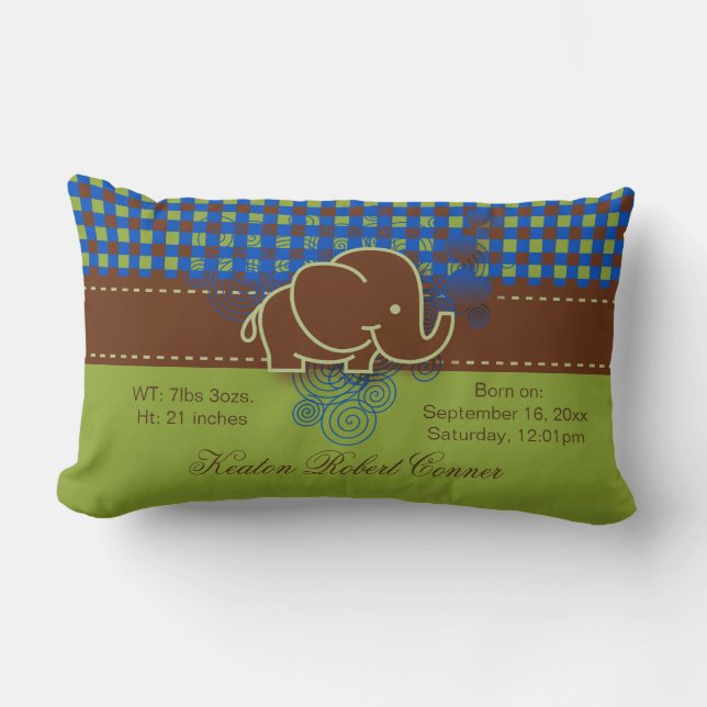Coussin Rectangle Bleu foncé, Brown et vert Plaid Baby Elephant (Recto)