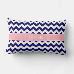 Coussin Rectangle Bleu marine blanc chevron zig zag rose nom monogra