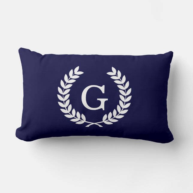 Coussin Rectangle Bleu Marine Laurier Blé Blanc Monogramme Initiale (Recto)