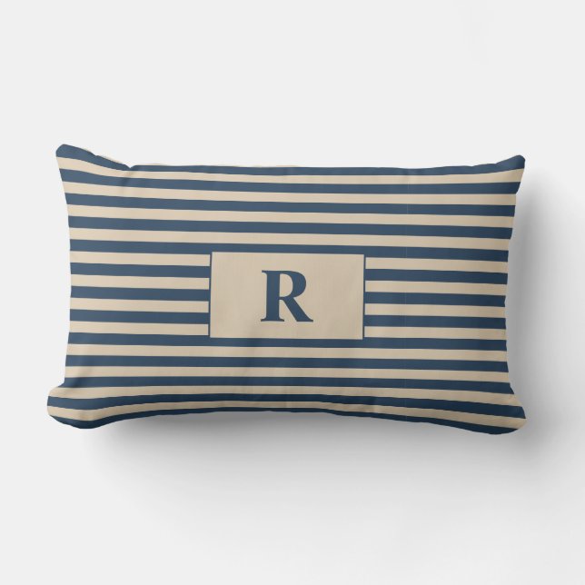 Coussin Rectangle Bleu monogramme/rayures vanillées (Recto)