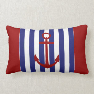 Coussin Rectangle Bleu nautique et Blancs avec Ancre rouge