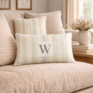Coussin Rectangle Bleu poussiéreux neutre initial rayé rustique de f