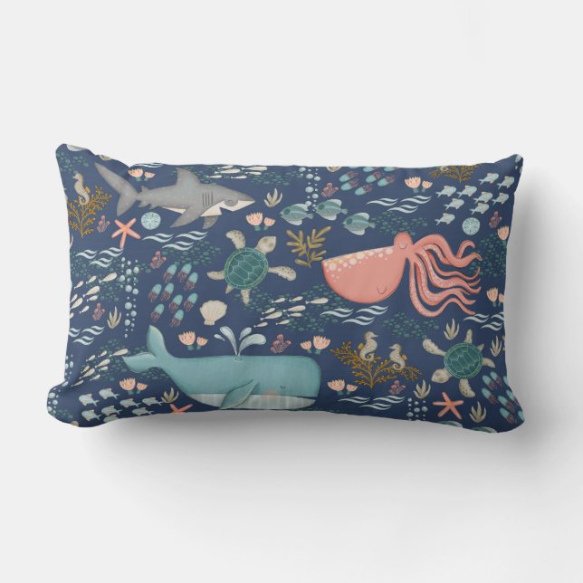 Coussin Rectangle Bleu sous la mer Aquarelle Océan Animaux (Recto)