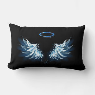 Coussin Rectangle Blue Glowing Angel Wings on black background