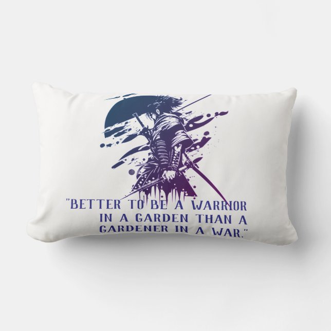 Coussin Rectangle Blue Ink Samurai Art & Custom Quote Lumbar Pillow (Recto)