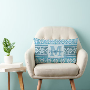 Coussin Rectangle Blue Nordic Snowflake Knit Sweater Monogramme Nom