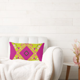 Coussin Rectangle Bohemian Chintz Illustration Mustard Fuchsia Kale