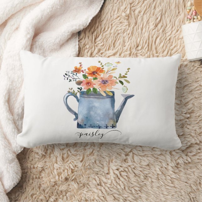 Coussin Rectangle Boho Rust Orange Aquarelle Fleurs Arrosage Can (Couverture)