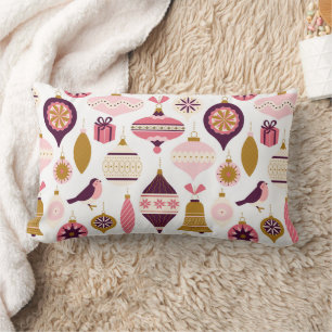 Coussin Rectangle Boules de Noël en rose, violet et or vintage