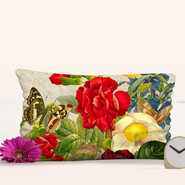 Coussin Rectangle Bouquet de rose vintage (Vintage Floral Rose Bouquet Butterflies Lumbar Pillow)