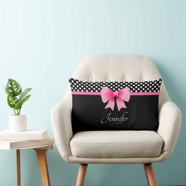 Coussin Rectangle Bow rose noir et blanc Pois Nom du Motif Lum (Chaise)