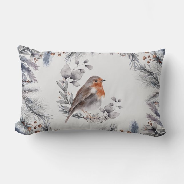 Coussin Rectangle Branche de pin de perchoir d'oiseau d'hiver peint  (Recto)