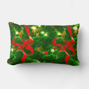 Coussin Rectangle Branches d'arbre de Noël et rubans rouges