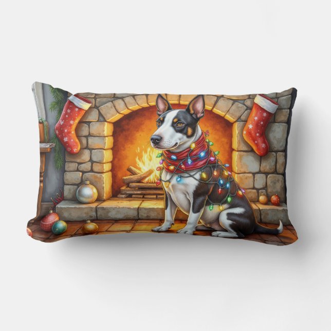 Coussin Rectangle Bull Terrier Fireplace with Christmas Lights (Recto)