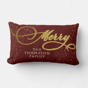 Coussin Rectangle Burgundy Gold Script Merry Bright Famille Noël