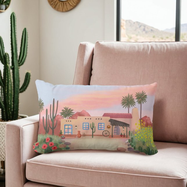 Coussin Rectangle Cactus sud-ouest du désert Adobe House Peach | (Créateur téléchargé)