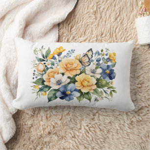 Coussin Rectangle Cadeau aquarelle papillon floral bleu blanc jaune