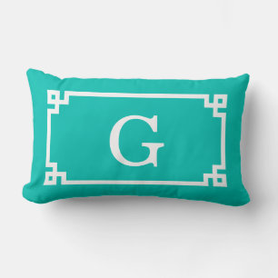 Coussin Rectangle Cadre à clé grecque blanche sarcelle #2 Monogramme