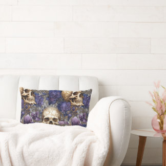 Coussin Rectangle Calaveras y Rosas Moradas – Arte Gótico Elegante