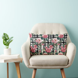 Coussin Rectangle Camellias Roses Sur Bandes Plaid Noires Et Blanche