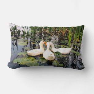 Coussin Rectangle Canards blancs, caleçons, cattails, lac