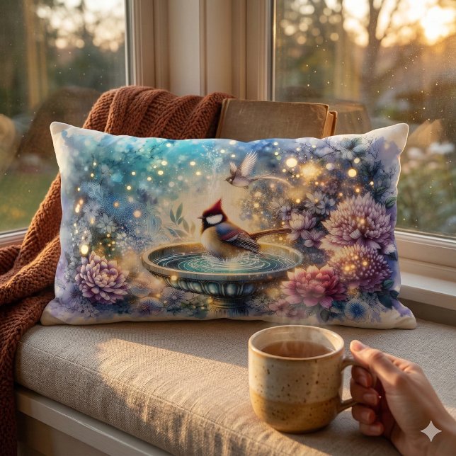 Coussin Rectangle Cardinal at Birdbath Dreamy Garden Ar (Cardinal at Birdbath Dreamy Garden Ar Lumbar Pillow Mockup D)