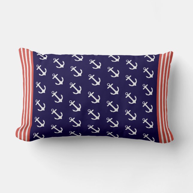 Coussin Rectangle Carreau bleu nautique de rayures d'Ancres (Recto)