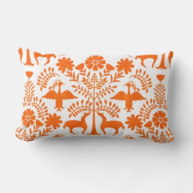 Coussin Rectangle Carreau d'impression d'Otomi, blanc et orange de (Recto)