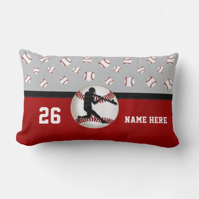 Coussin Rectangle Carreau personnalisé de base-ball, rouge, gris (Recto)