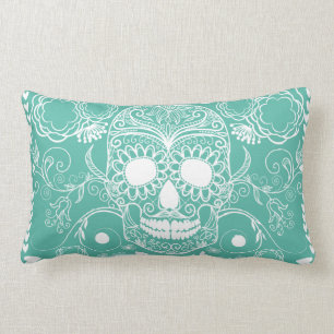 Coussin Rectangle Carreau turquoise et blanc de crâne