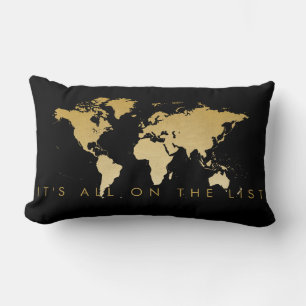 Coussin Rectangle Carte du monde Aimer pour voyager Noir et Or
