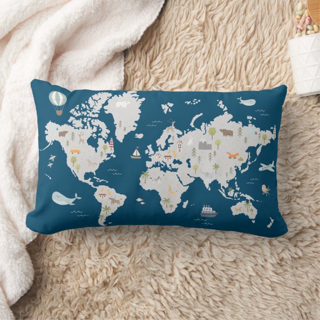 Coussin Rectangle Carte du monde animal mignon (Couverture)