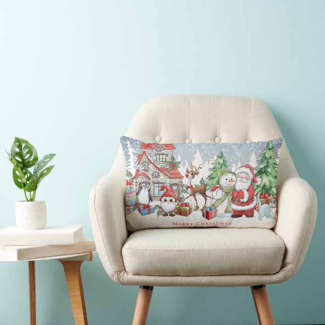 Coussin Rectangle Carte Noël Père Noël Snowman Rudolph (Chaise)
