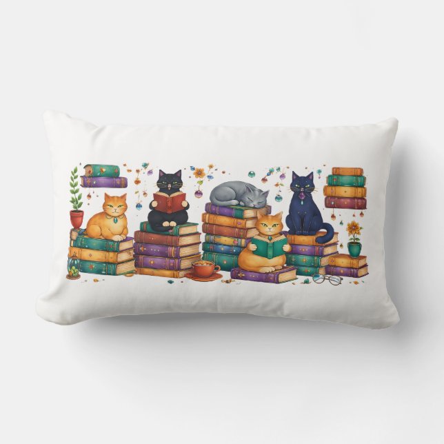 Coussin Rectangle Cats Reading Books Cozy Library Scene (Recto)