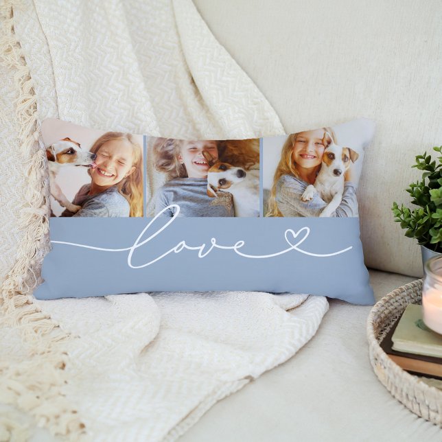 Coussin Rectangle Chambray Bleu Amour Cœur Script 3 Photo (Créateur téléchargé)