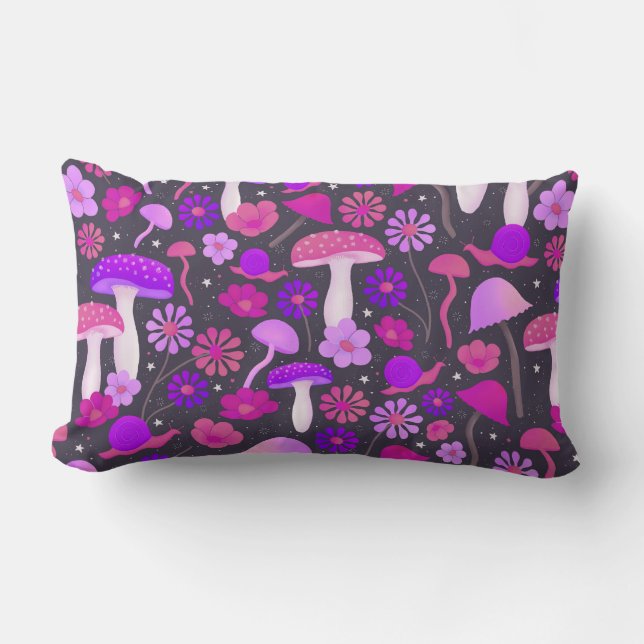 Coussin Rectangle Champignons floraux rose, violet et noir rétro (Recto)