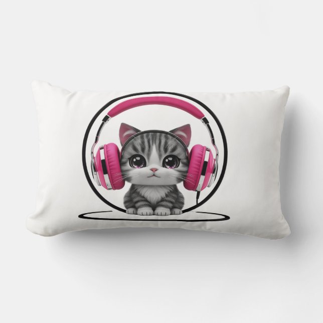 Coussin Rectangle Chat avec casque (Recto)