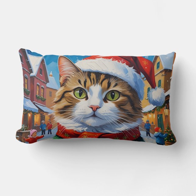 Coussin Rectangle Chat de Noël à Santa Hat (Recto)