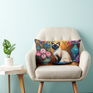Coussin Rectangle Chat et bouquets siamois dans Vases aquarelle
