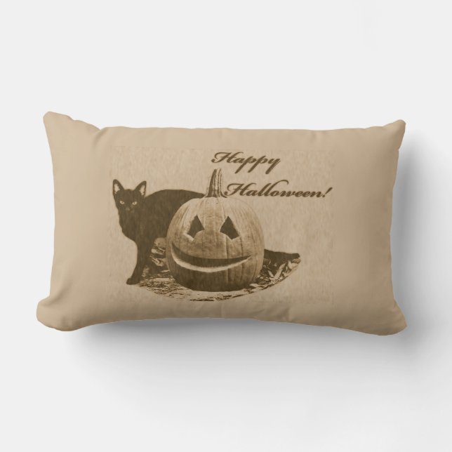 Coussin Rectangle Chat et Citrouille Halloween heureux (Recto)