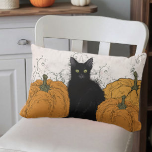Coussin Rectangle Chat noir et citrouilles d'automne