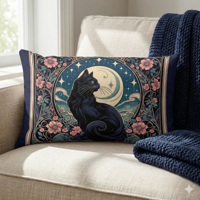 Coussin Rectangle Chat noir mystique Art Nouveau (Mystical Black Cat Art Nouveau Lumbar Pillow Mockup 1)