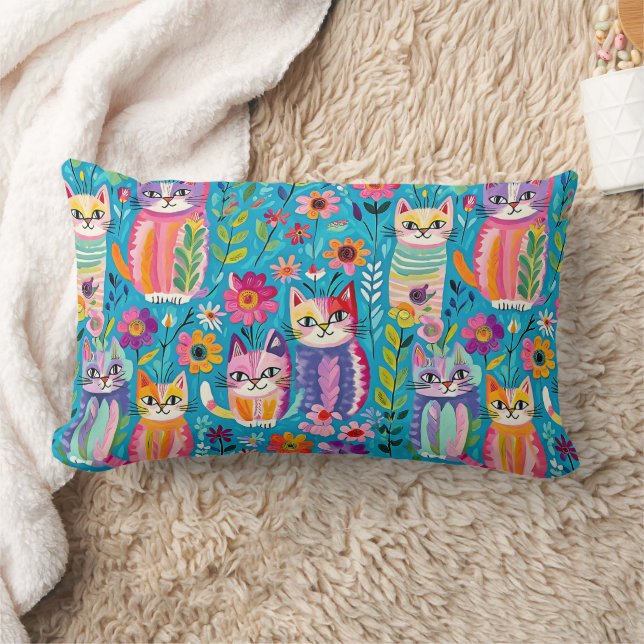 Coussin Rectangle Chats et fleurs colorés Whimsical Happy (Couverture)