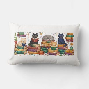 Coussin Rectangle Chats lisant des livres Scène de bibliothèque cosy